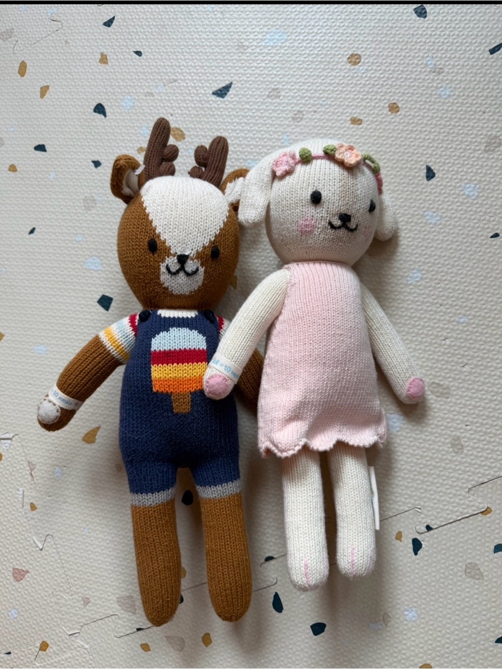 Knit Deer and Bunny Plush Toy Duo - Pink & Brown